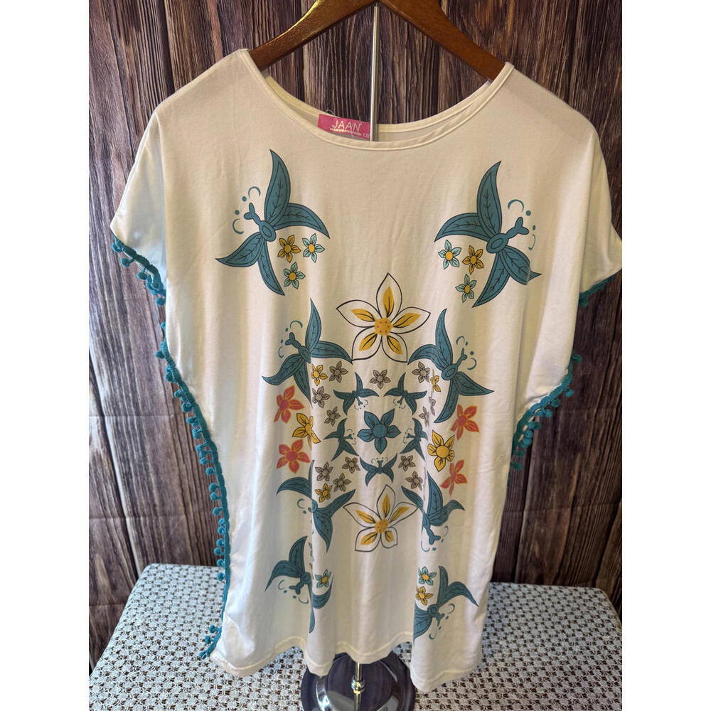BOHO Butterfly Print Tunic with Teal Pom‎ Pom Trim Women's XXL White Floral